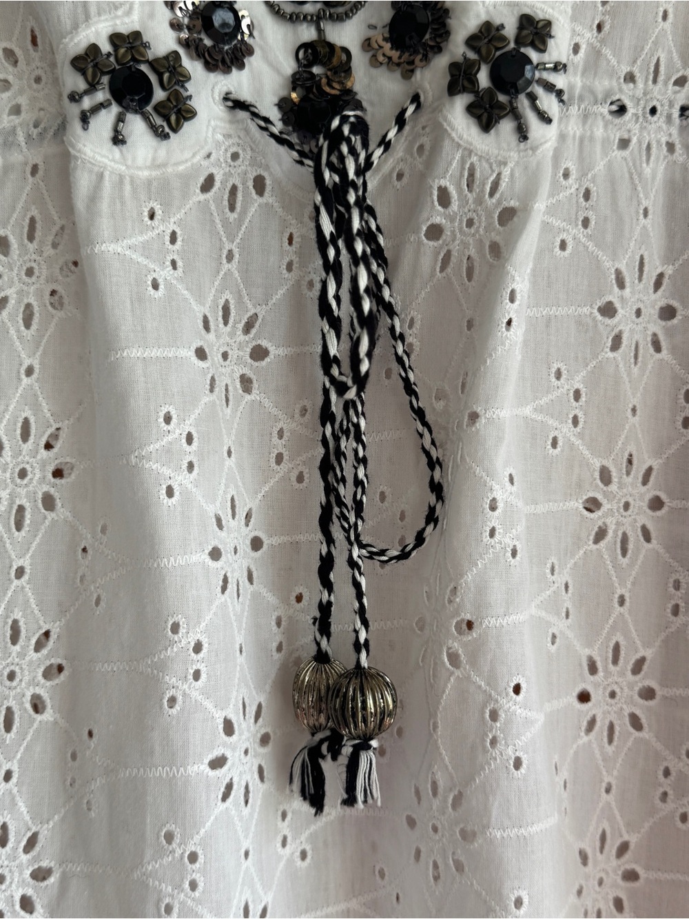 Kyra Beaded Eyelet Peasant Blouse L Boho Festival Cottagecore Resort Cotton - Picture 6 of 16